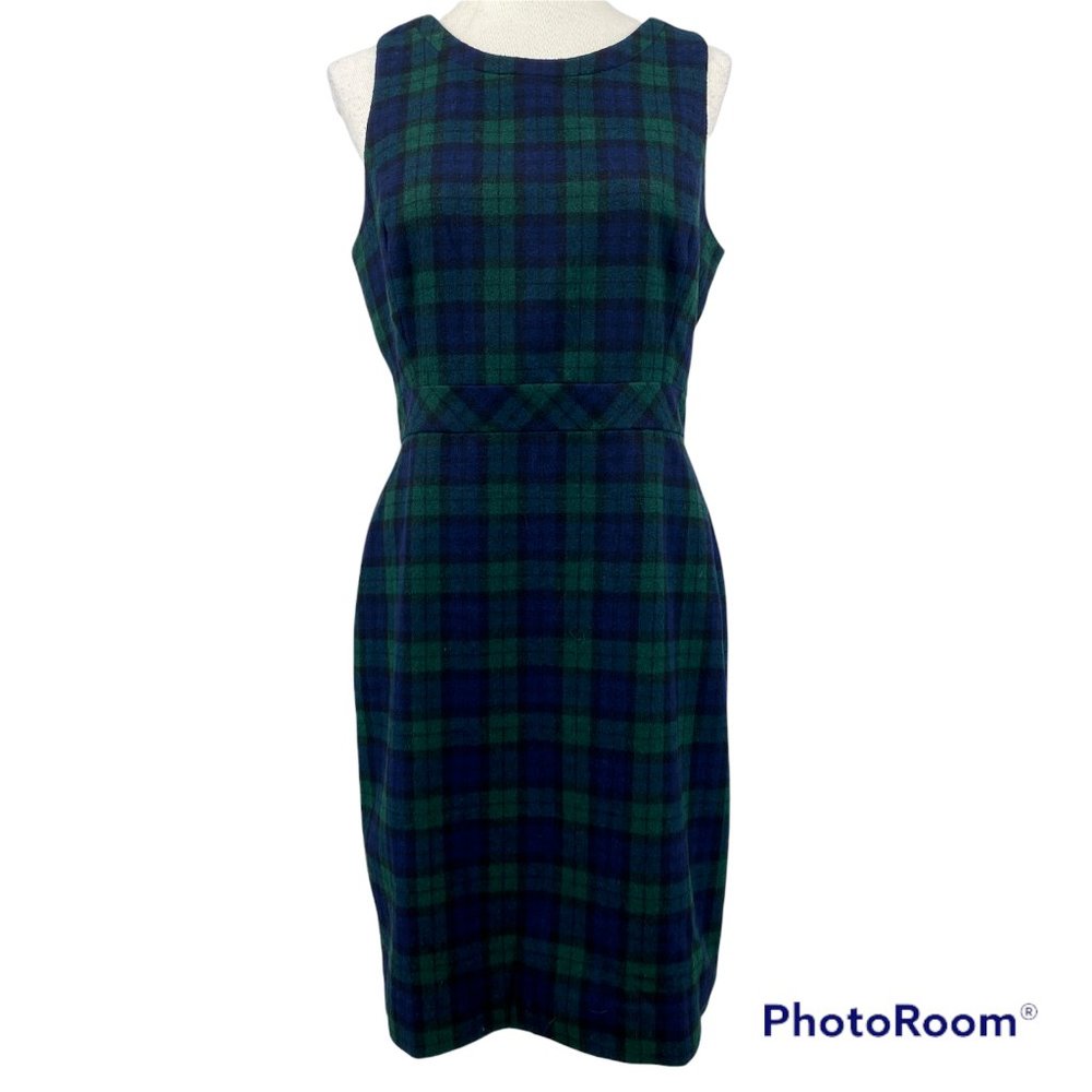 J Crew Womens Sz 8 Dress Sleeveless Black Watch Plaid Green Lined Jumper Wool